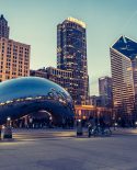 The bean in Chicago with skyline in background
