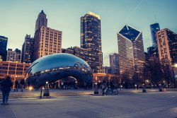 The bean in Chicago with skyline in background